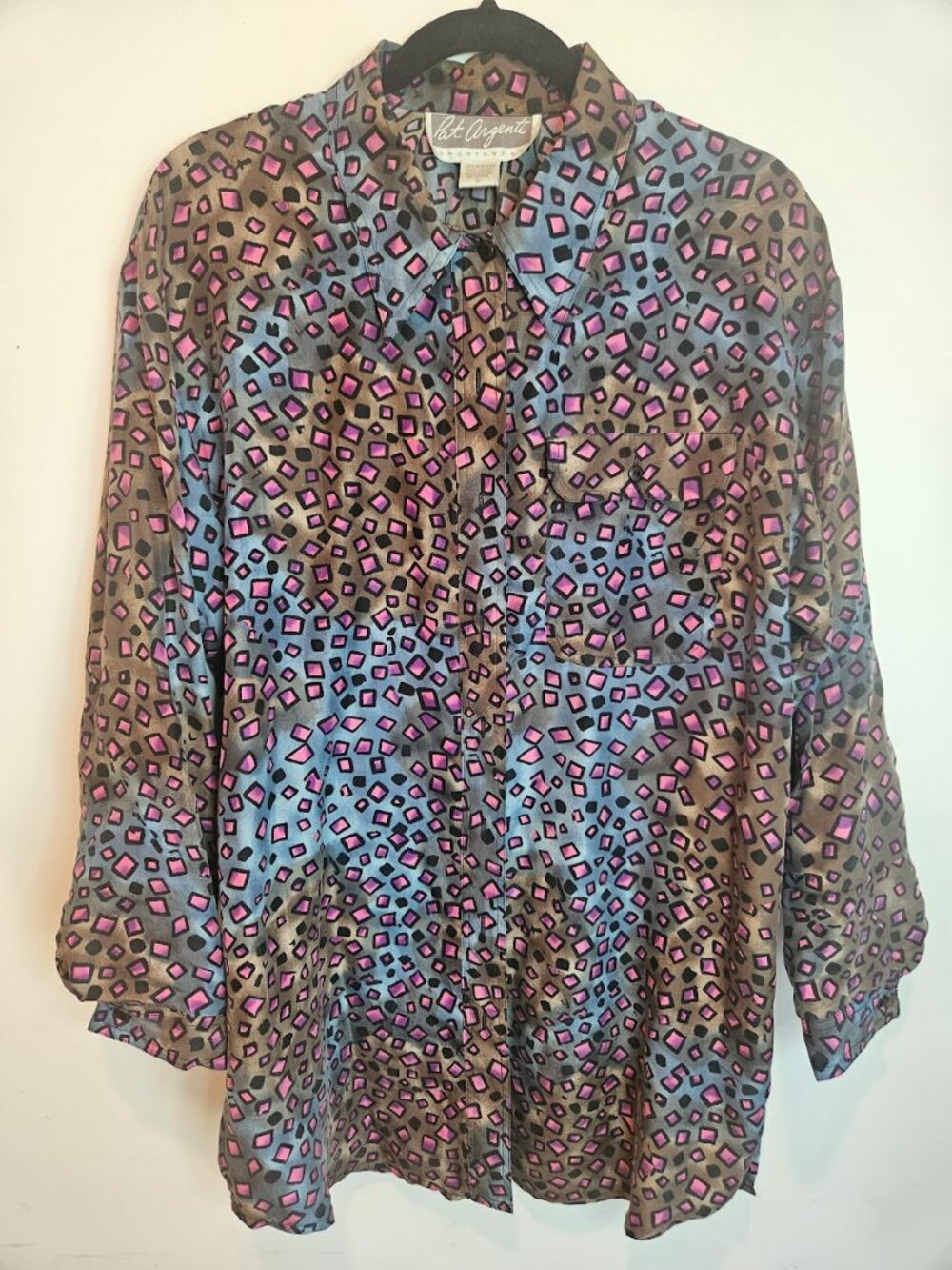 Pat Argenti Vintage Silk Abstract Pink & Blue Geometric Print Blouse - Size M